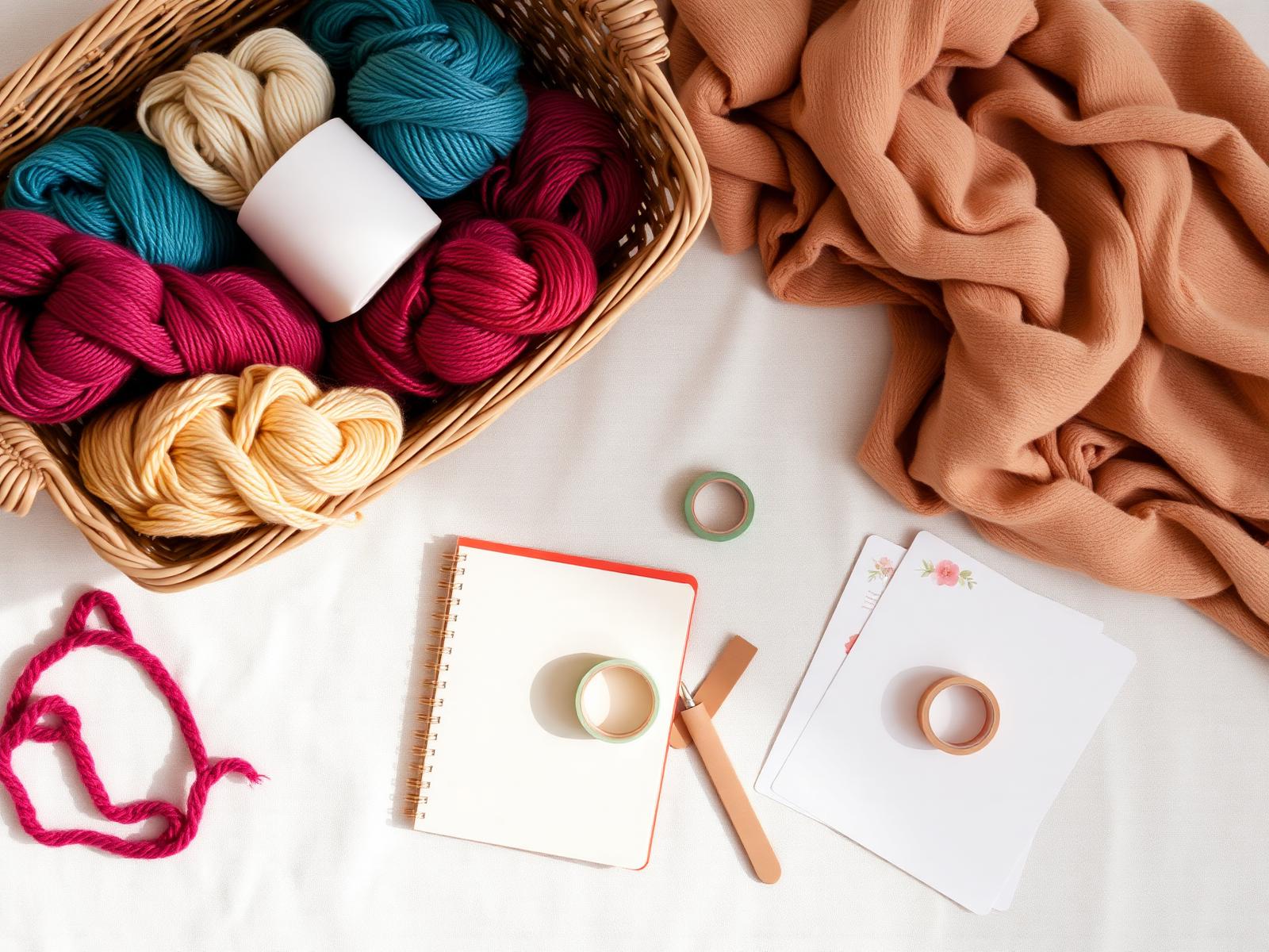 A dining table scene with crafts and yarn