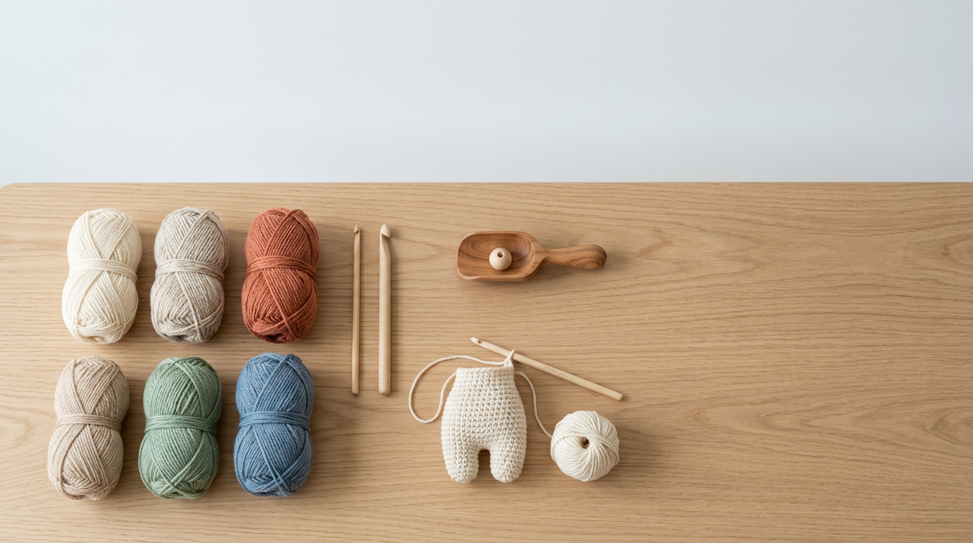 A cozy craft workshop with baskets of colorful yarn